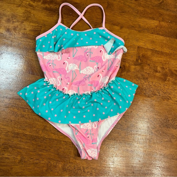 Matilda Jane pink blue flamingo polka dot one piece swim suit size 10